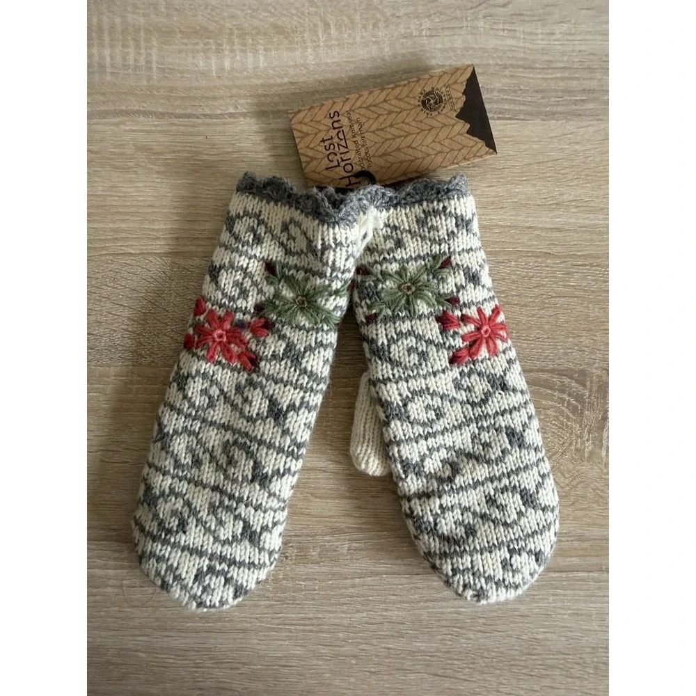 Lost Horizons Ballad Mittens Wool Nordic Gram Gray Floral Embroidered NWT